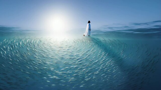  Jesus walking above while fish swim in formation below, creating halo patterns underwater

