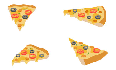 set of pizza slice with different view. vector illustration isolated on white background.