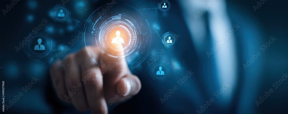 Poster a businessperson selects a digital profile on a futuristic touchscreen interface, symbolizing networ