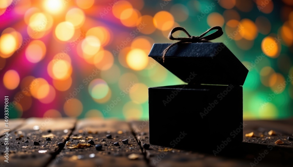 Poster silhouette scene with a dark gift box and floating lid, minimal details and high contrast on a vivid