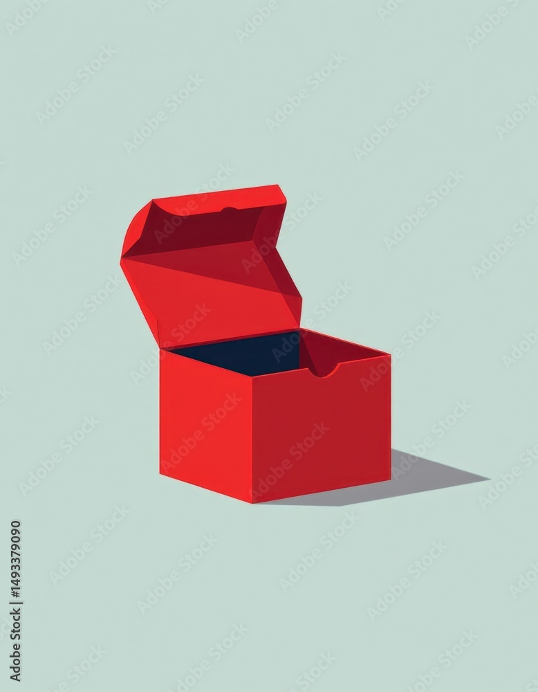 Poster minimalist design with flat, simple shapes of a red box and curved lid, on a solid bright background