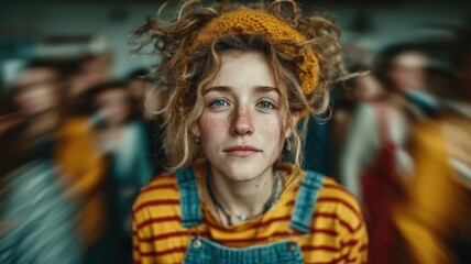 Fototapeta premium Portrait of a Pensive Young Woman with Freckles and Curly Hair