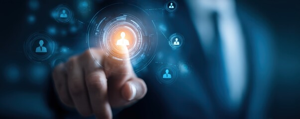 A businessperson selects a digital profile on a futuristic touchscreen interface, symbolizing networking and human resources technology.