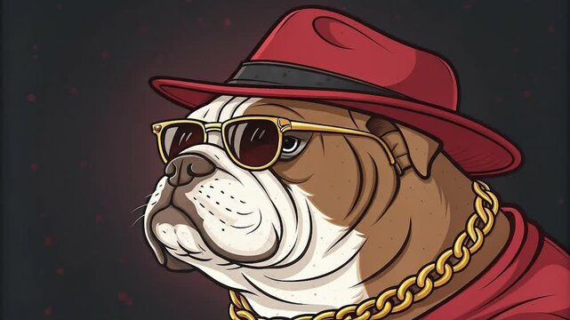 Bulldog mascot in red fedora and sunglasses. Confident cartoon bulldog illustration. Brown and white bulldog digital art.