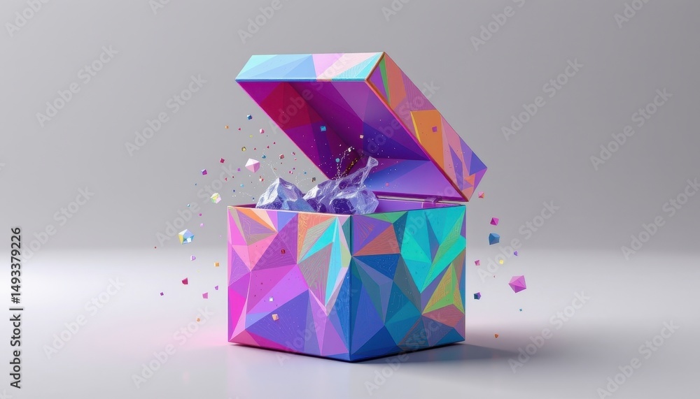 Poster low poly 3d art with faceted, geometric surfaces creating a stylized open box and floating lid