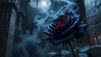 Midnight rose blooms in haunted chamber