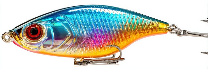 Vibrant fishing lure with iridescent scales and sharp hooks.
