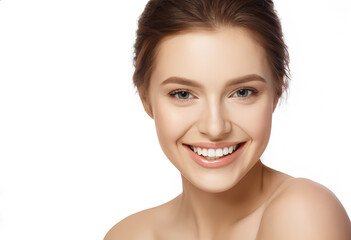 Bright, captivating close-up of a young woman with a genuinely joyful and radiant smile, white background