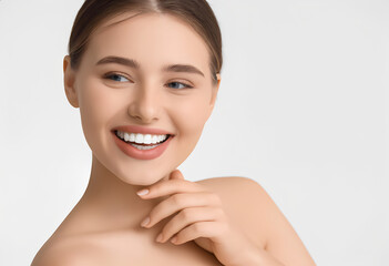 Bright, captivating close-up of a young woman with a genuinely joyful and radiant smile, white background