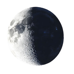 Stunning HalfMoon Image Celestial Orb, Cratered Surface, Dark Side, Lunar Phase, Night Sky, Space Ex