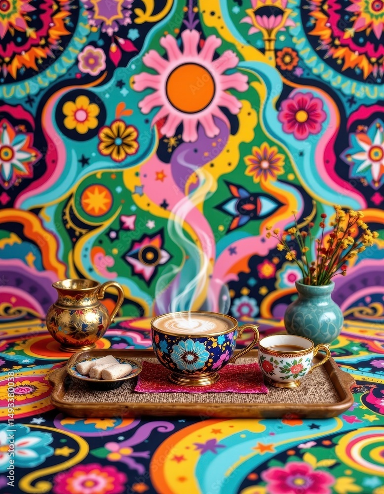Poster retro 70s style with psychedelic patterns and bold colors surrounding a traditional matcha setup
