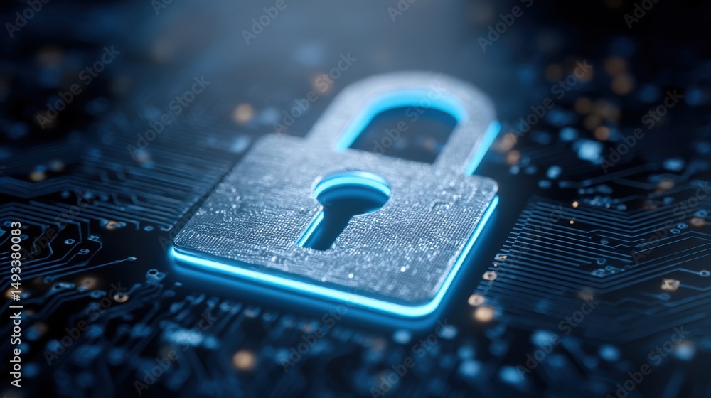 Poster a glowing digital padlock on a circuit board symbolizes cybersecurity and data protection.
