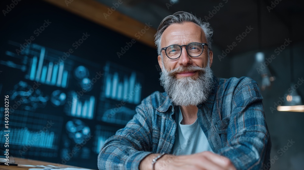 Poster confident bearded man with glasses smiling in a modern office, with data charts displayed on a scree