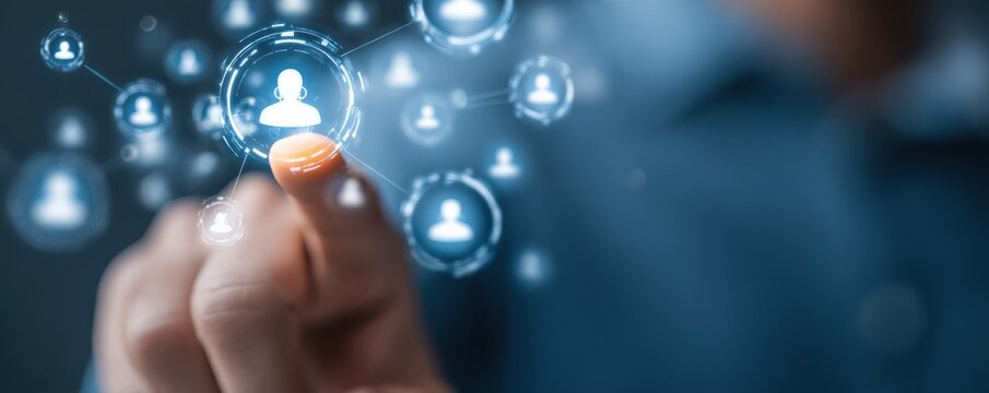 A hand interacts with a digital network interface displaying connected user icons, symbolizing social networking and technology.