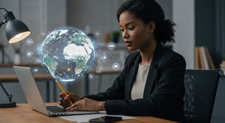 Global Business Insights: Young Professional Analyzing World Data on Laptop, Driving Growth & Innovation, Tech Solutions, Analytics