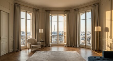 Obraz premium Elegant Parisian Living Room with Panoramic City Views and Classic Decor