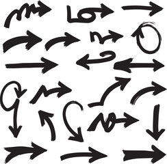 A collection of hand-drawn arrows in various styles., set of black arrows, 