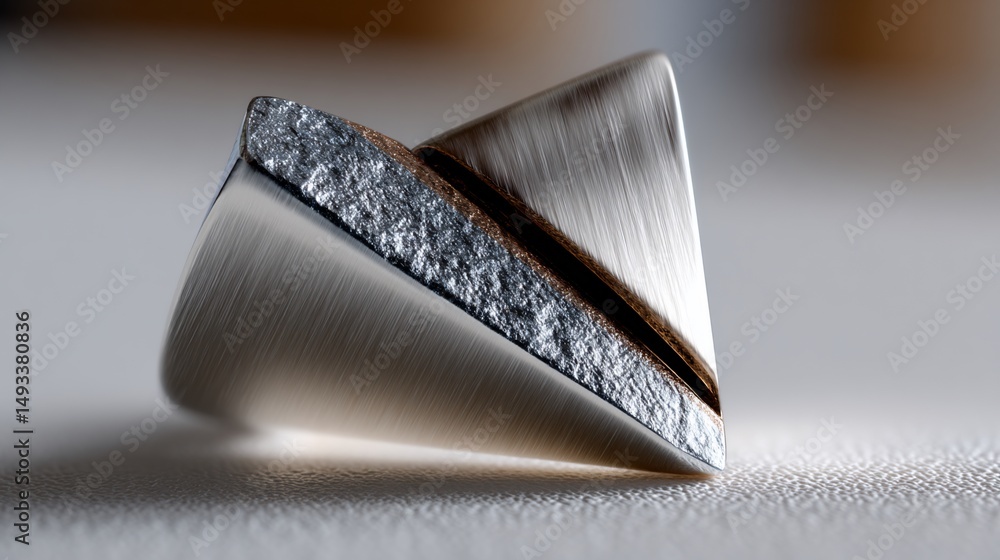 Poster triangular object with a rough, textured core and sleek, metallic sides