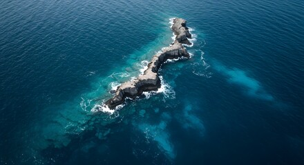 Aerial view of a rocky island surrounded by turquoise water in the ocean setting