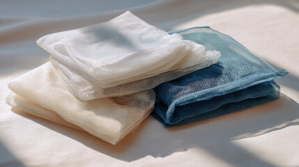 Set of reusable mesh produce bags folded, minimalist styling.