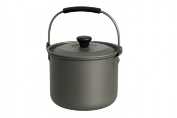 Grey camping pot with black handle and lid, isolated on transparent background, ready for cooking in outdoor adventures