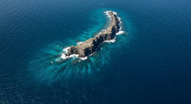 Aerial view of rocky island surrounded by turquoise water and dark blue ocean water