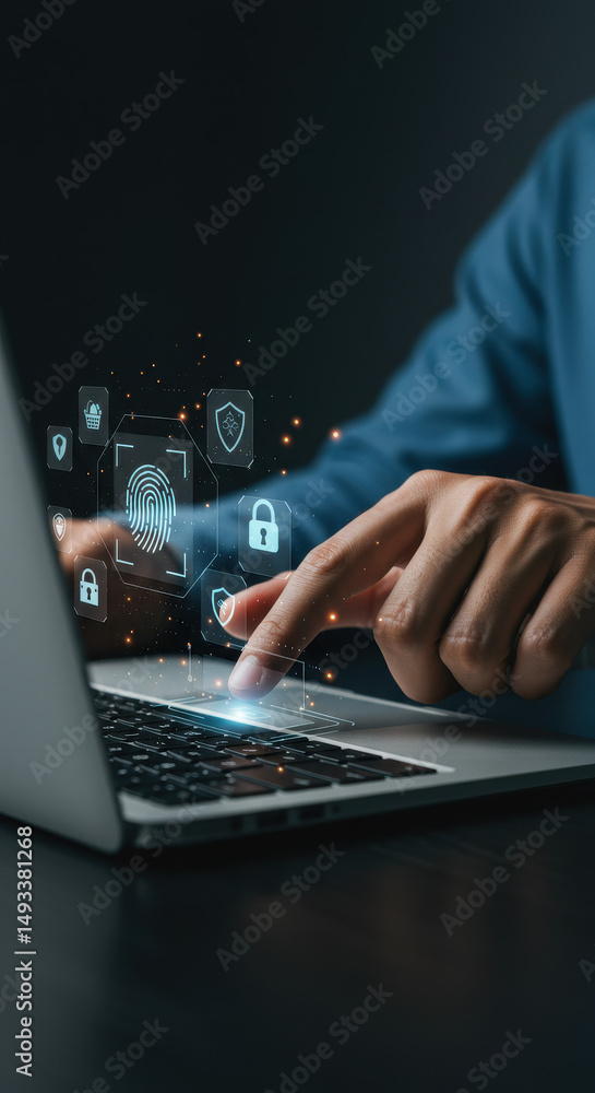 Poster biometric security: fingerprint scan on laptop for data protection & access control. cyber safety & 