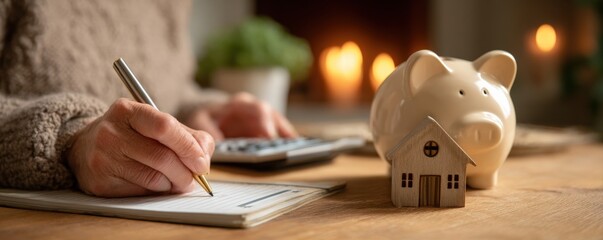 An elderly person calculates finances with a piggy bank and house model, symbolizing savings and home budgeting.
