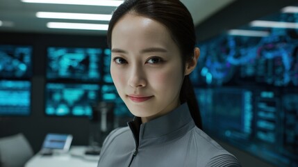 A confident woman stands in a high-tech control room with digital screens and data displays in the background.