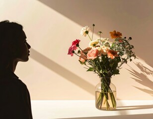Fototapeta premium Silhouette of a woman with floral arrangement on shelf under soft natural light