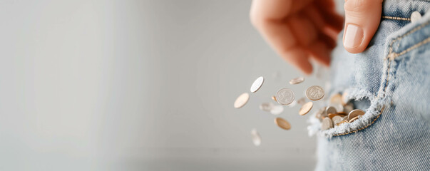 Close-up of a hand in jeans pocket with a visible holes and coins falling out through the tear. Concept of financial loss, poverty, broken economy, no savings.
