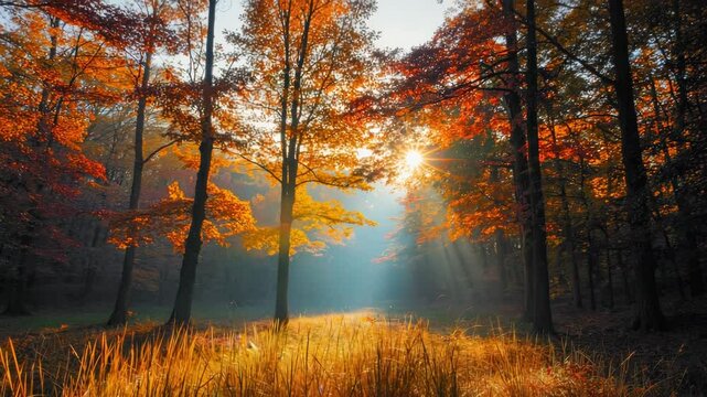 forest trees glowing in golden sunlight with fog in the background, peaceful fall scenery perfect for meditation, relaxing mood, or autumn background visuals