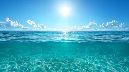 Bright Sun Over Turquoise Ocean with Underwater and Above Water