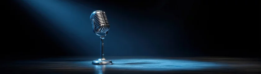 A vintage microphone stands alone under a blue spotlight on a dark stage, creating a dramatic and focused atmosphere. © JT Studio
