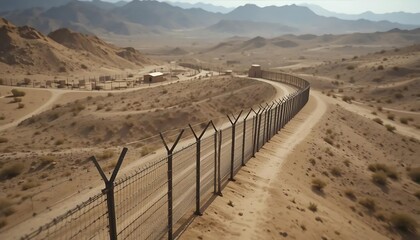 Desert border fence winding path aerial view