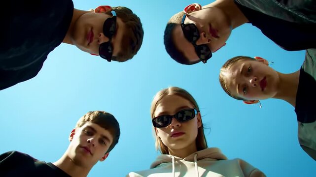 Five teenagers in black clothes and sunglasses stand in a circle, shot from a low angle against a bright blue sky, atmosphere of unity and friendship