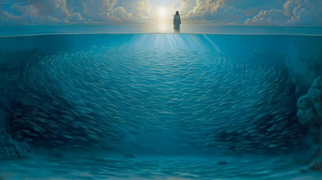  Jesus walking above with fish swimming below, creating halo patterns in perfect formation

