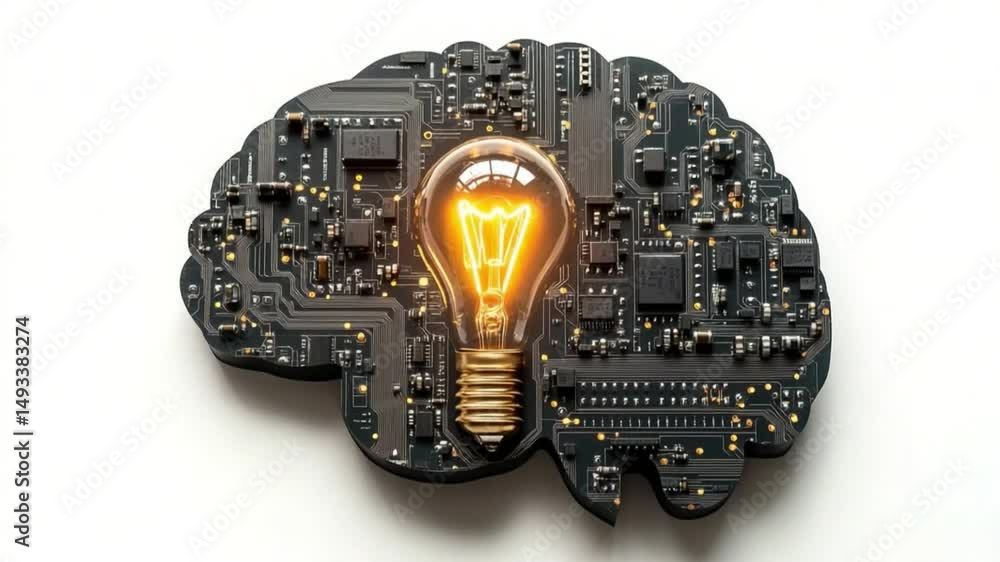 Poster illuminating idea: a conceptual image showcases an intricate circuit board shaped like a brain, with