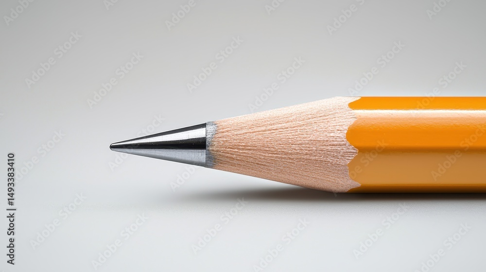 Poster close-up of a sharpened yellow pencil with silver tip on a smooth grey surface for creative projects