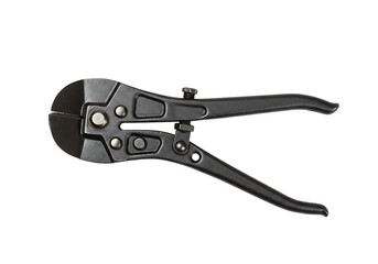 Black metal cable cutter with textured handles and visible pivot bolts