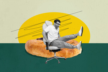 3D photo collage trend sketch template artwork of happy girl guy stand big size bread piece nutrition cuisine cook chef calories