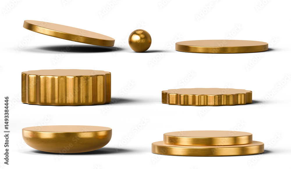 Poster gold podium set pack isolated background 3d rendering