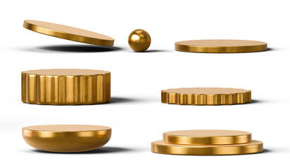 Gold podium set pack isolated background 3d rendering