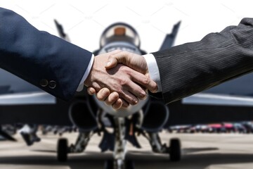 Two men in suits shake hands in front of a military aircraft, symbolizing an arms deal. The arms deal suggests negotiation and agreement involving military equipment.