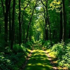 Obraz premium A sun-dappled path winds gently through a vibrant, lush green forest background.