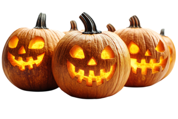 Three lit jack o lanterns halloween pumpkins