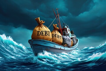 Boat in stormy ocean loaded with massive debt bags, debt overwhelms vessel in financial crisis metaphor, debt portrayed as heavy burden, debt message conveyed in bold visual metaphor.