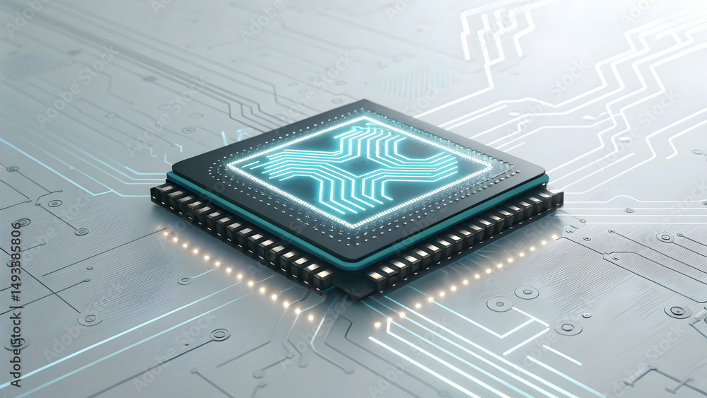Poster futuristic microchip with neon lights on digital circuit background