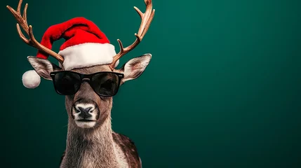 Gordijnen christmas santa claus with deer glasses and sunglasses on a blue background © Aram