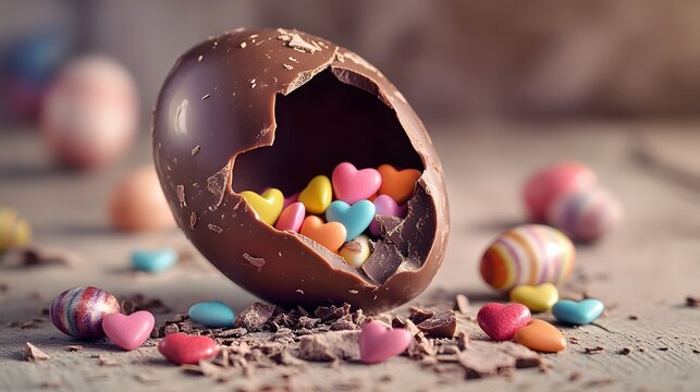 A broken chocolate egg filled with colorful candy hearts.